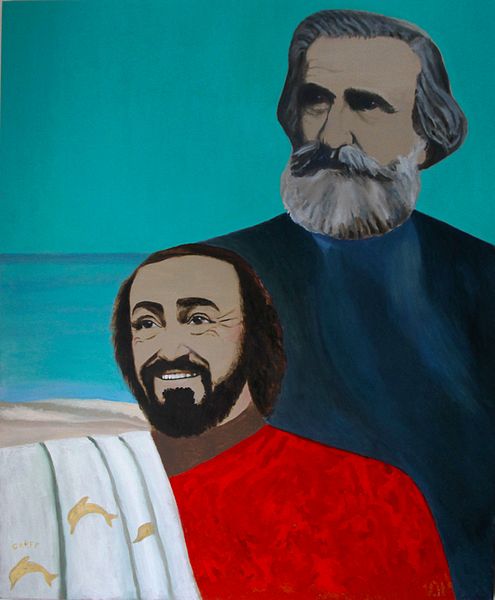 The immortal opera music composer Giuseppe Verdi's soul inspiring in spirit the tenor Luciano Pavarotti in this Va' Pensiero artwork  painted by the contemporary art Master Enrico Garff. An oil on canvas painting. Artist to invest in. Invest in Fineart.