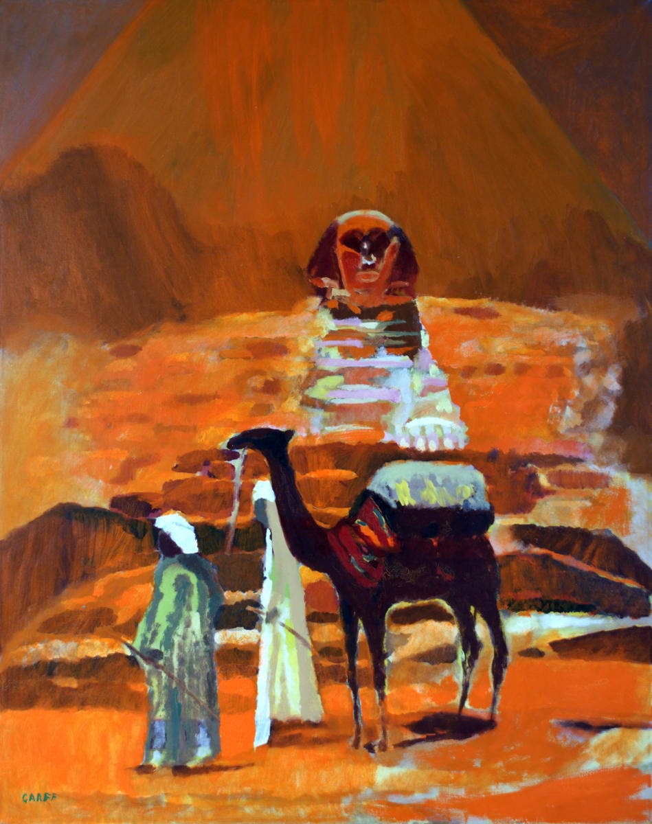 Egypt Light is a painting highlighting the mystery of the Ancient buildings like the Great Sphinx of Giza located in the Necropolis not far from Cairo. His art portrays the ancient architecture adding a contemporary insight the monument.