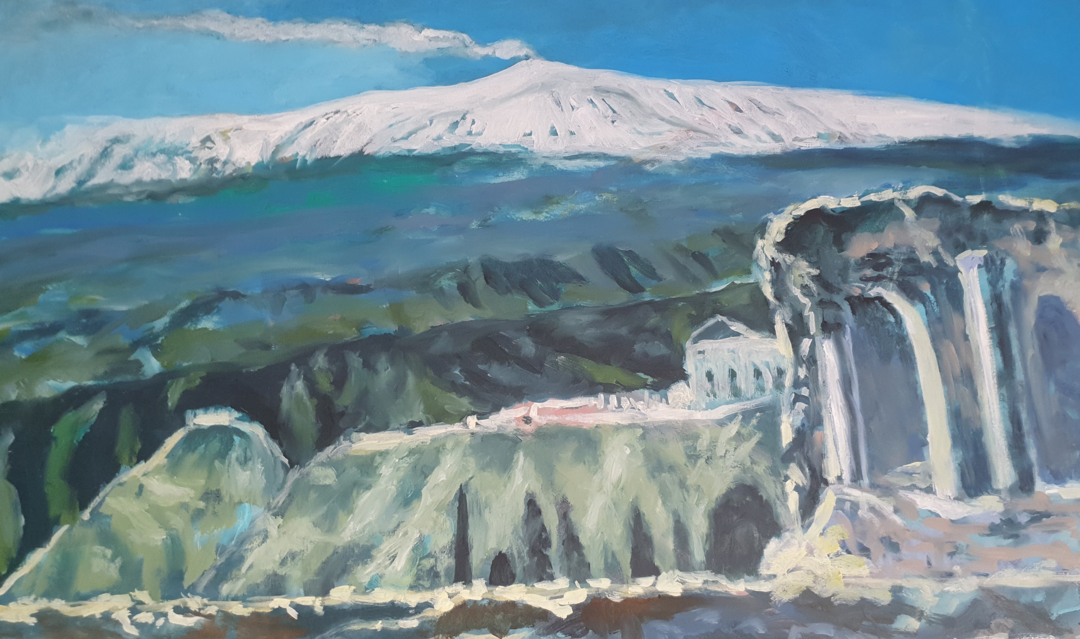 This artwork portrays Taormina's ancient Greek Theater with Mount Etna in the background. The contemporary art master lived for a while in Sicily as well.