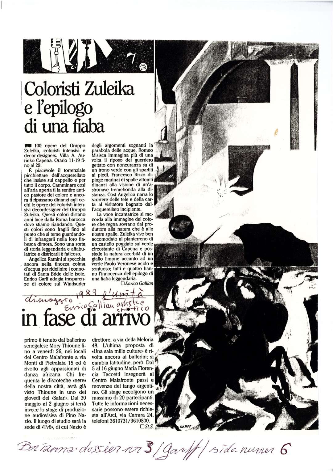 An newspaper clip of an article regarding Enrico Garff's art exhibited in Capena a small town  next to Rome in Italy.