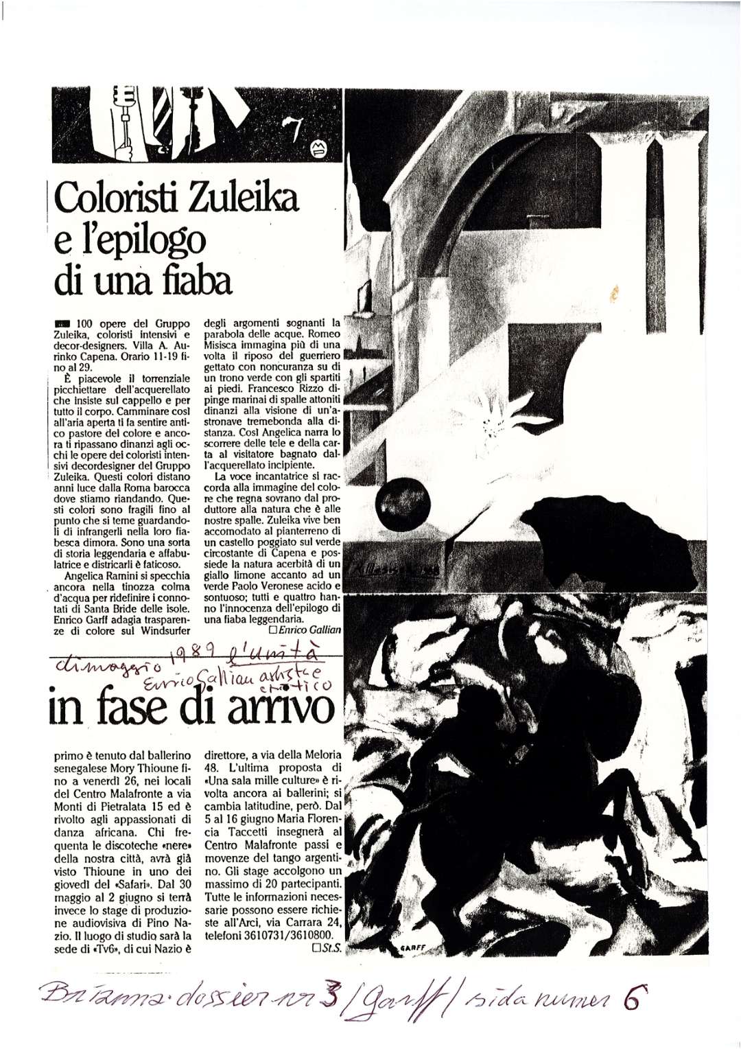 An newspaper clip of an article regarding Enrico Garff's art exhibited in Capena a small town next to Rome in Italy.