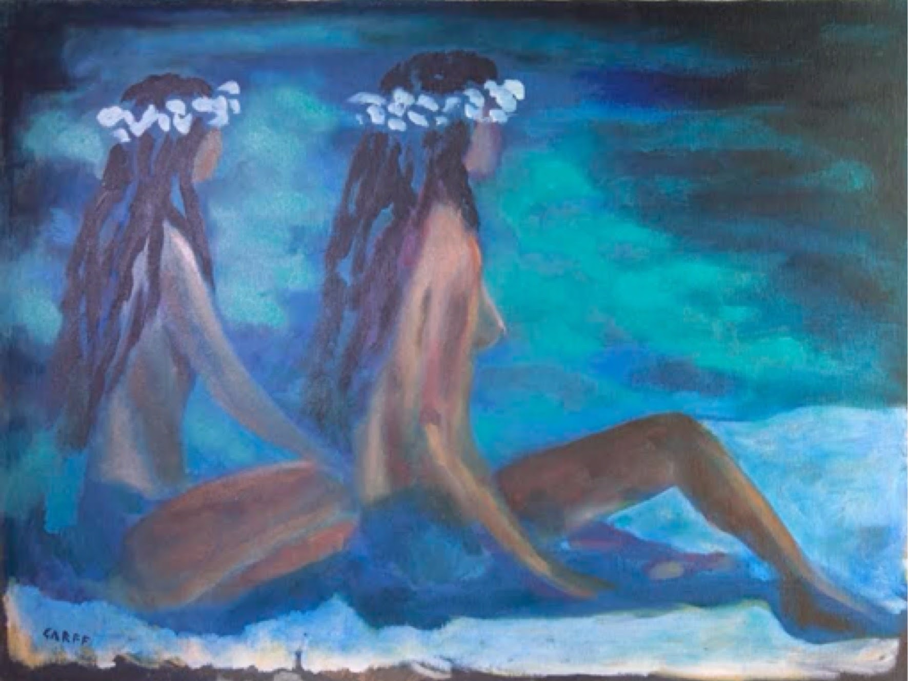 Le Hawaiian (The Hawaiian Girls) painted in 1995 is the original masterpiece artwork when the artist was still living in the Roman Castles are on top of one of the beautiful hills surrounding Rome, the eternal city that inspired many artists, poets and musicians. This pictorial composition inspired the NFT digital craft named The Hawaiian Girls. after this painting is owned in the Metaverse by the Gripenberg Art Collection.