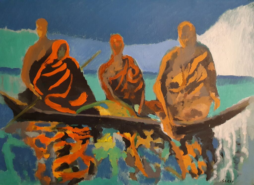 The masterpiece created by the contemporary Art Master Enrico Garff forms part of the Baroness Isabella Gripenberg Art Collection in Helsinki
The artwork portrays four Tibetan Buddhist monks reflected in the surface of the waters of a lake they are cruising in a boat.
Crossing the waters symbolizes a spiritual transition facing their shadows mirrored in the deepest layers of the soul merging to the. surface. A challenge with the dark side of our spiritual realm. The first monk on the left transitioning in the second, shows ok a spiritual metamorphosis taking place during the internal struggle.