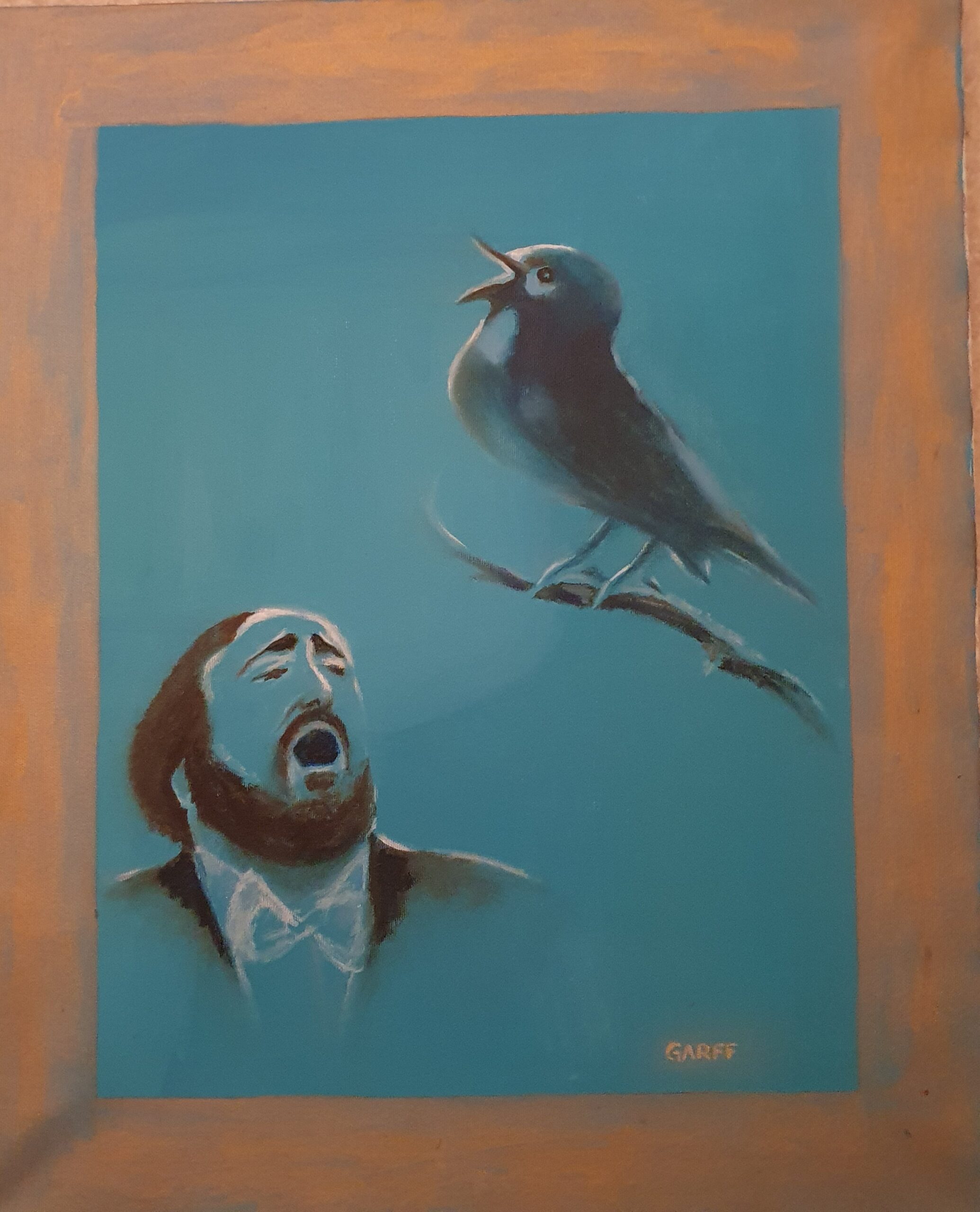
The singing bird recognizes the master's voice. 2004 was a particularly inspired year for Enrico Garff. His soul felt singing. During the same period, he painted a similar artwork in tune with the same theme: "Va' Pensiero". The author spontaneously burst out all his bliss while composing the masterpiece, a symphony vibrating a rejoicing aria. Music translated in shape and colours.             For the complete biography, you are more than welcome to browse Wikipedia.

To prevent any potential forgery a secret code known only to the owner is going to be provided to the buyer at moment of the purchase. The artwork belongs to the Baroness' Gripenberg Art Collection.