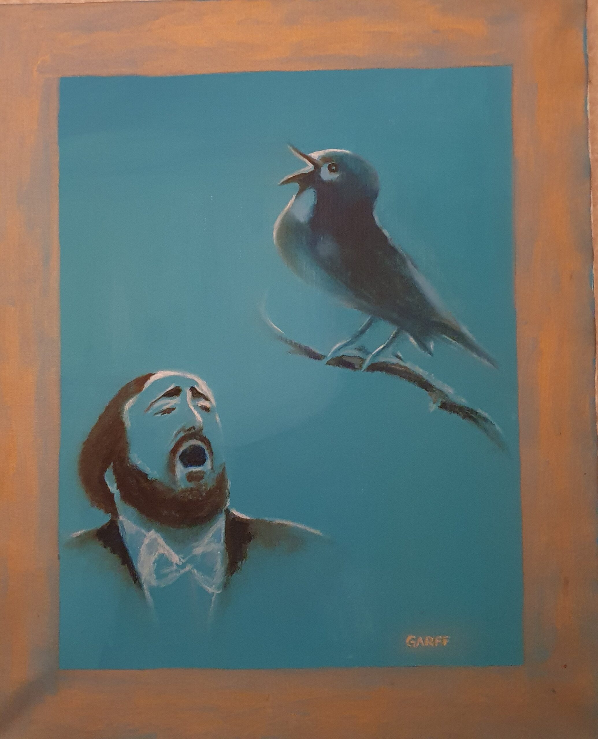 The singing bird recognizes the master's voice. 2004 was a particularly inspired year for Enrico Garff. His soul felt singing. During the same period, he painted a similar artwork in tune with the same theme: "Va' Pensiero". The author spontaneously burst out all his bliss while composing the masterpiece, a symphony vibrating a rejoicing aria. Music translated in shape and colours. For the complete biography, you are more than welcome to browse Wikipedia.
To prevent any potential forgery a secret code known only to the owner is going to be provided to the buyer at moment of the purchase. The artwork belongs to the Baroness' Gripenberg Art Collection.