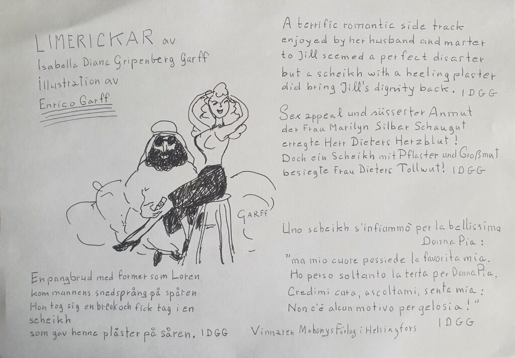 The Gripenberg Fine Art Collection Museum is not only an art museum showing masterpiece artworks by Contemporary art Masters, but does also include manuscript with several pieces of literature, poems, tales, drawings, limericks, memories, and novels.
The Baroness Isabella Diana Gripenberg
